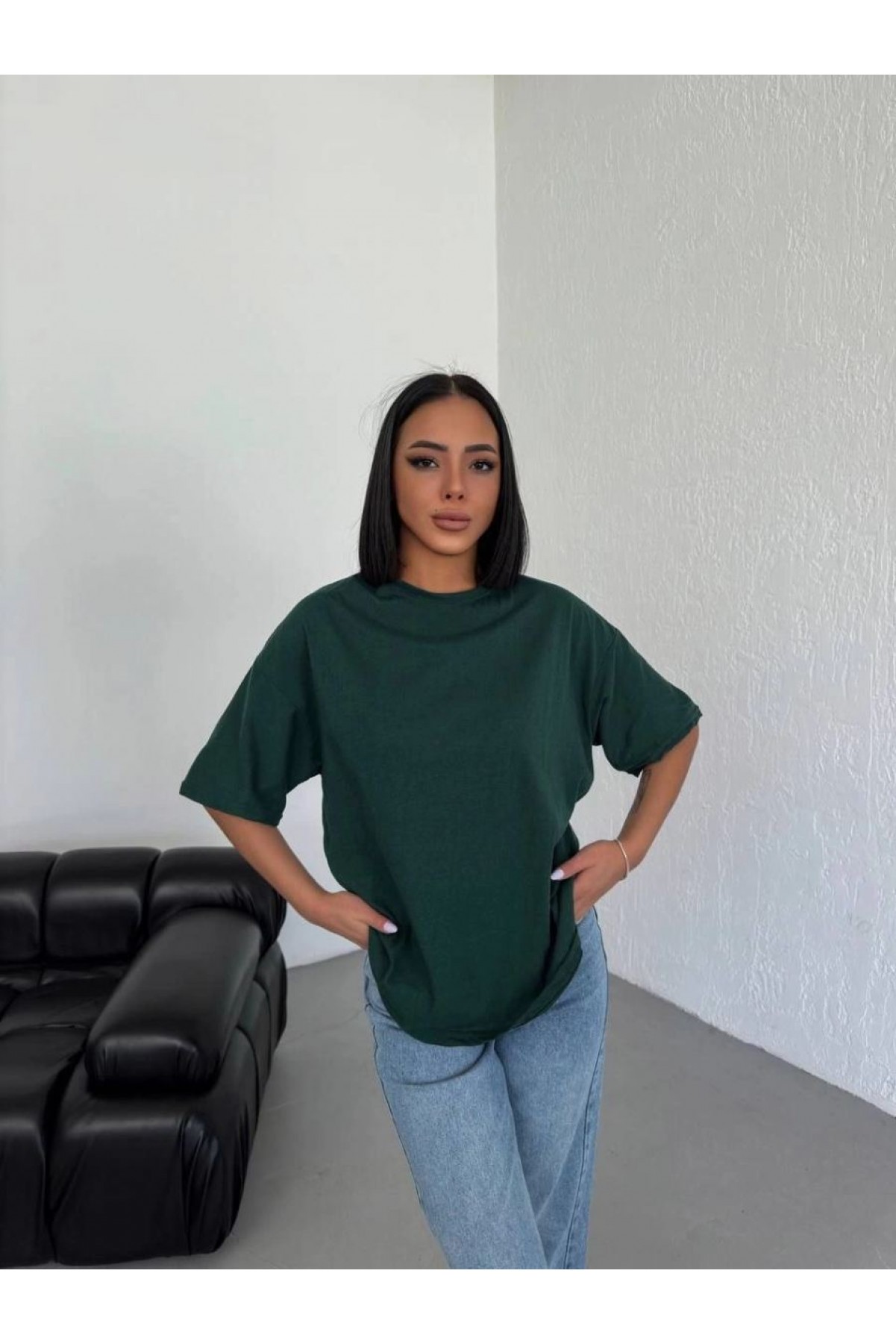 Kadın Düz T-Shirt Kısa Kol Bisiklet Yaka Oversize Rahat Kalıp Günlük Tişört - Haki