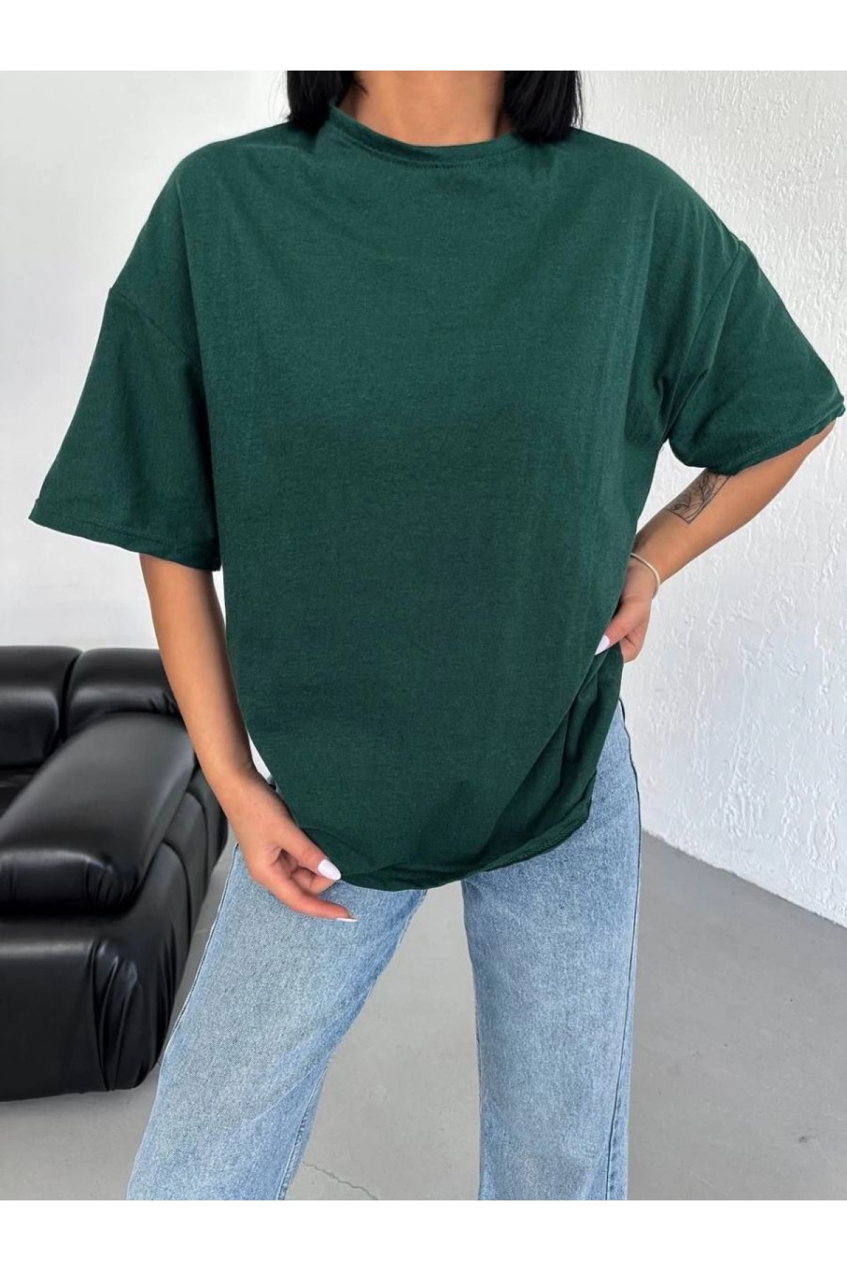 Kadın Düz T-Shirt Kısa Kol Bisiklet Yaka Oversize Rahat Kalıp Günlük Tişört - Haki