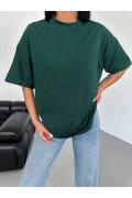 Kadın Düz T-Shirt Kısa Kol Bisiklet Yaka Oversize Rahat Kalıp Günlük Tişört - Haki