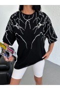 Kadın Yıldırım şimşek Baskılı T-Shirt Kısa Kol Bisiklet Yaka Oversize Tişört - Siyah