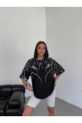 Kadın Yıldırım şimşek Baskılı T-Shirt Kısa Kol Bisiklet Yaka Oversize Tişört - Siyah