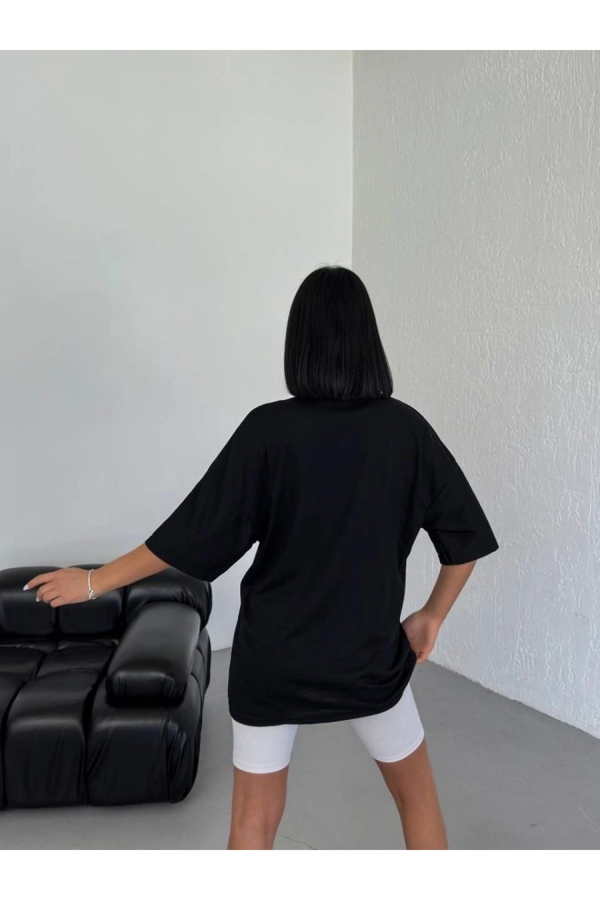 Kadın Baskılı T-Shirt Kısa Kol Bisiklet Yaka Oversize Rahat Kalıp Günlük Tişört - Siyah