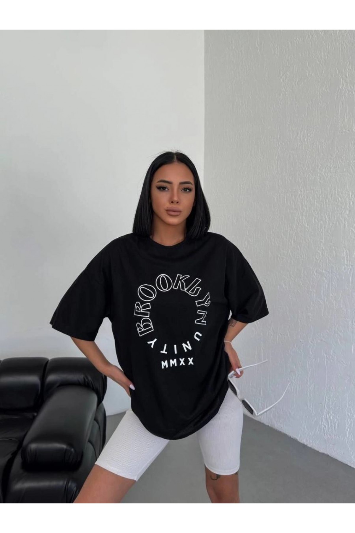 Kadın Baskılı T-Shirt Kısa Kol Bisiklet Yaka Oversize Rahat Kalıp Günlük Tişört - Siyah