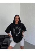 Kadın Baskılı T-Shirt Kısa Kol Bisiklet Yaka Oversize Rahat Kalıp Günlük Tişört - Siyah