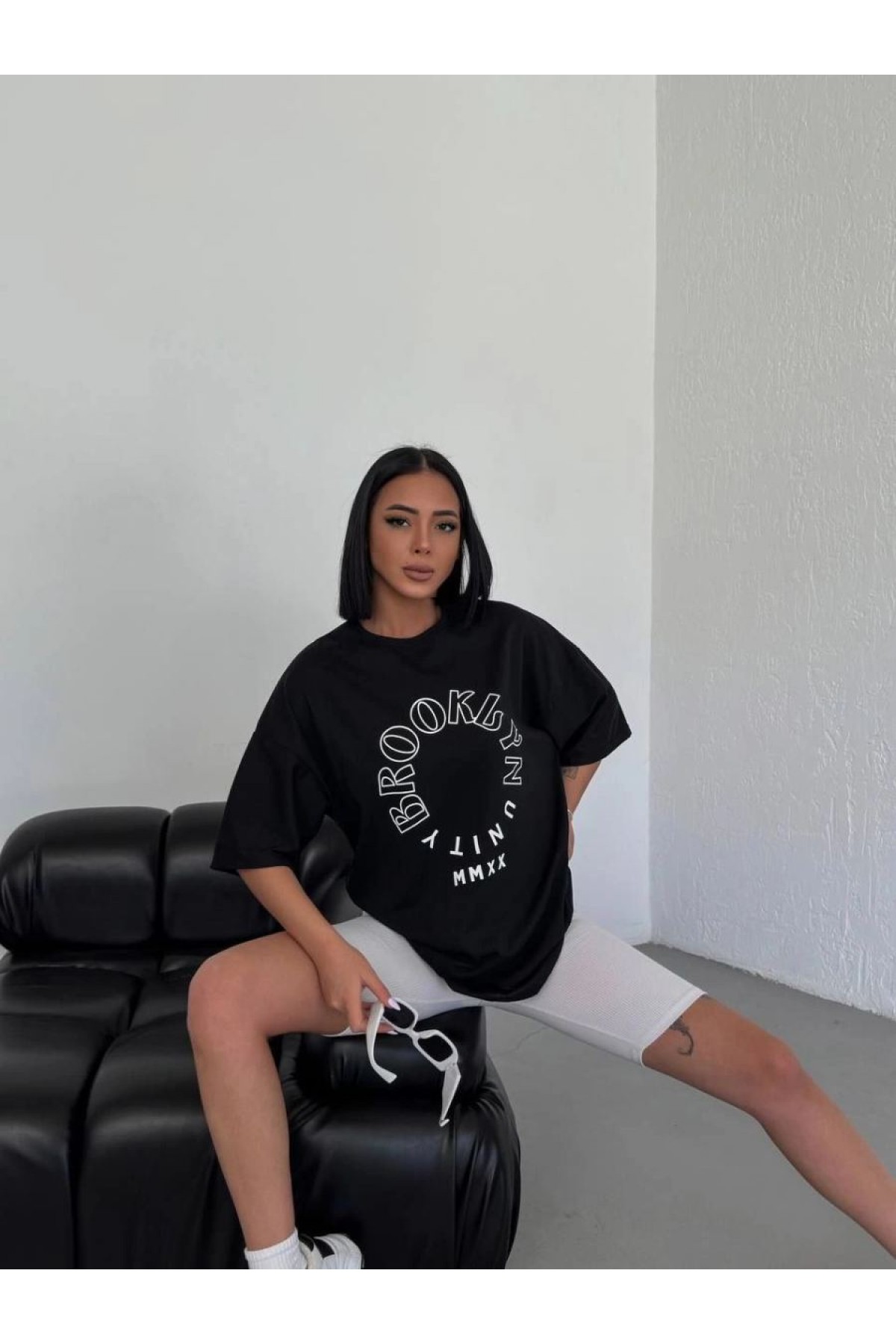 Kadın Baskılı T-Shirt Kısa Kol Bisiklet Yaka Oversize Rahat Kalıp Günlük Tişört - Siyah