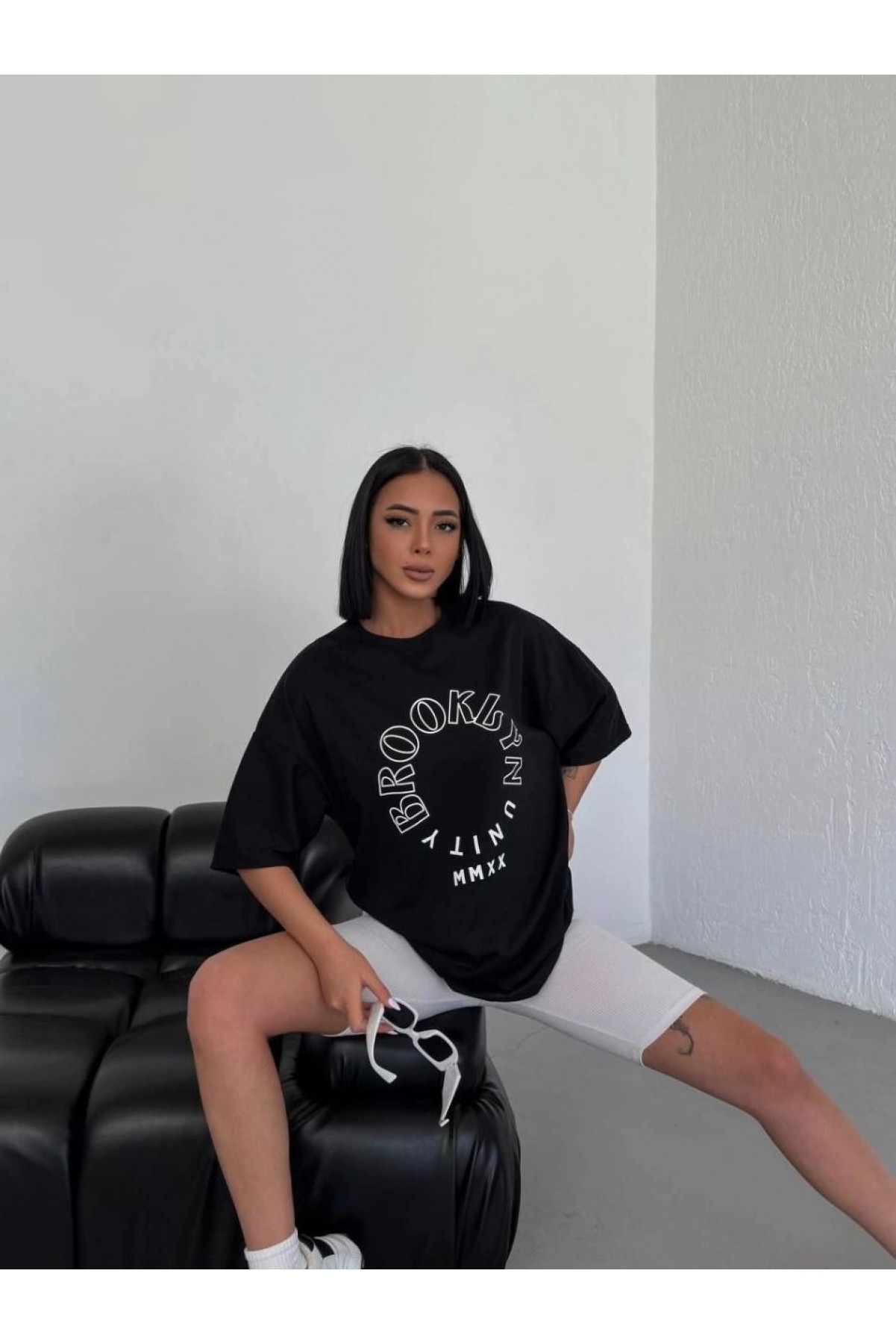 Kadın Baskılı T-Shirt Kısa Kol Bisiklet Yaka Oversize Rahat Kalıp Günlük Tişört - Siyah