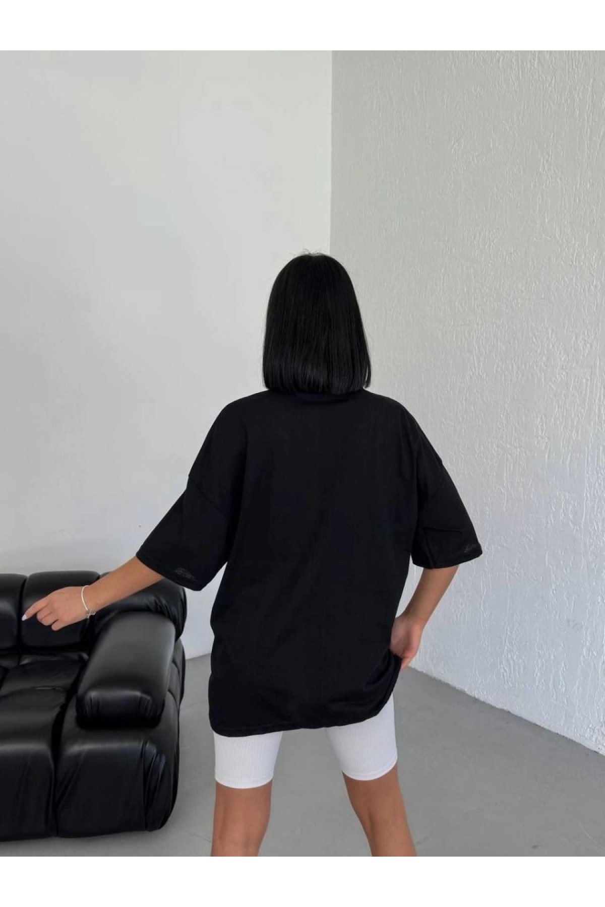Kadın Baskılı T-Shirt Kısa Kol Bisiklet Yaka Oversize Tişört - Siyah