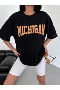 Kadın Baskılı T-Shirt Kısa Kol Bisiklet Yaka Oversize Tişört - Siyah