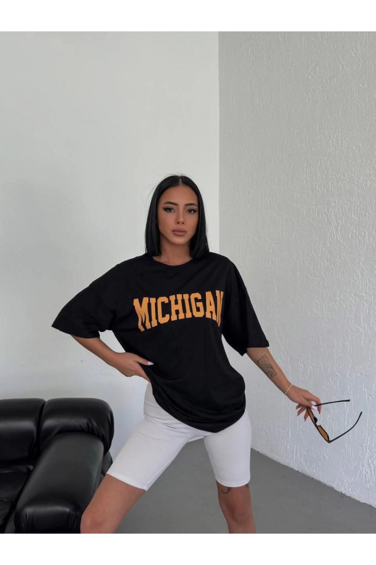 Kadın Baskılı T-Shirt Kısa Kol Bisiklet Yaka Oversize Tişört - Siyah