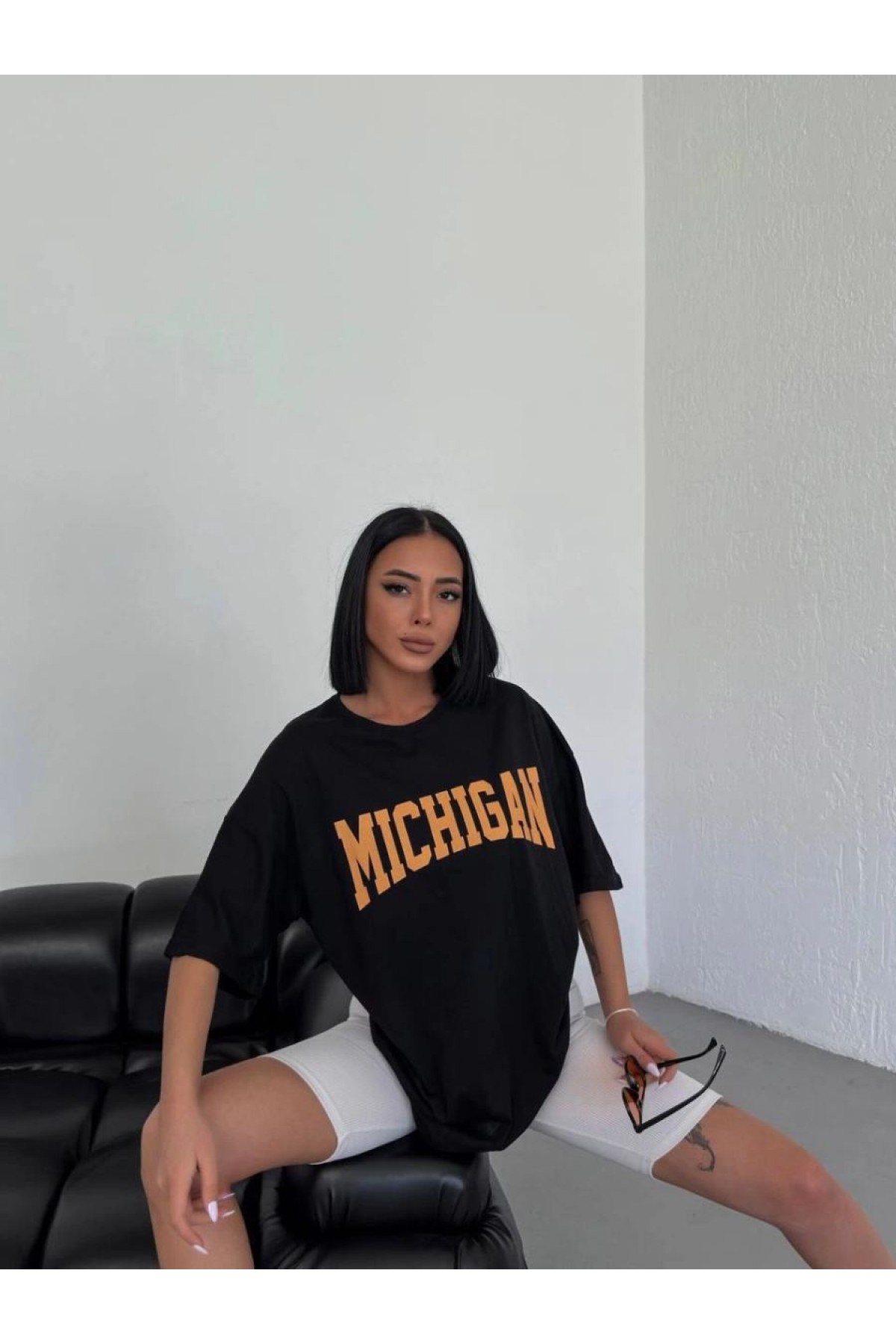 Kadın Baskılı T-Shirt Kısa Kol Bisiklet Yaka Oversize Tişört - Siyah