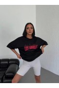 Kadın Kısa Kol Yazlık Tişört Bisiklet Yaka Los Angeles Baskılı T-Shirt - Siyah