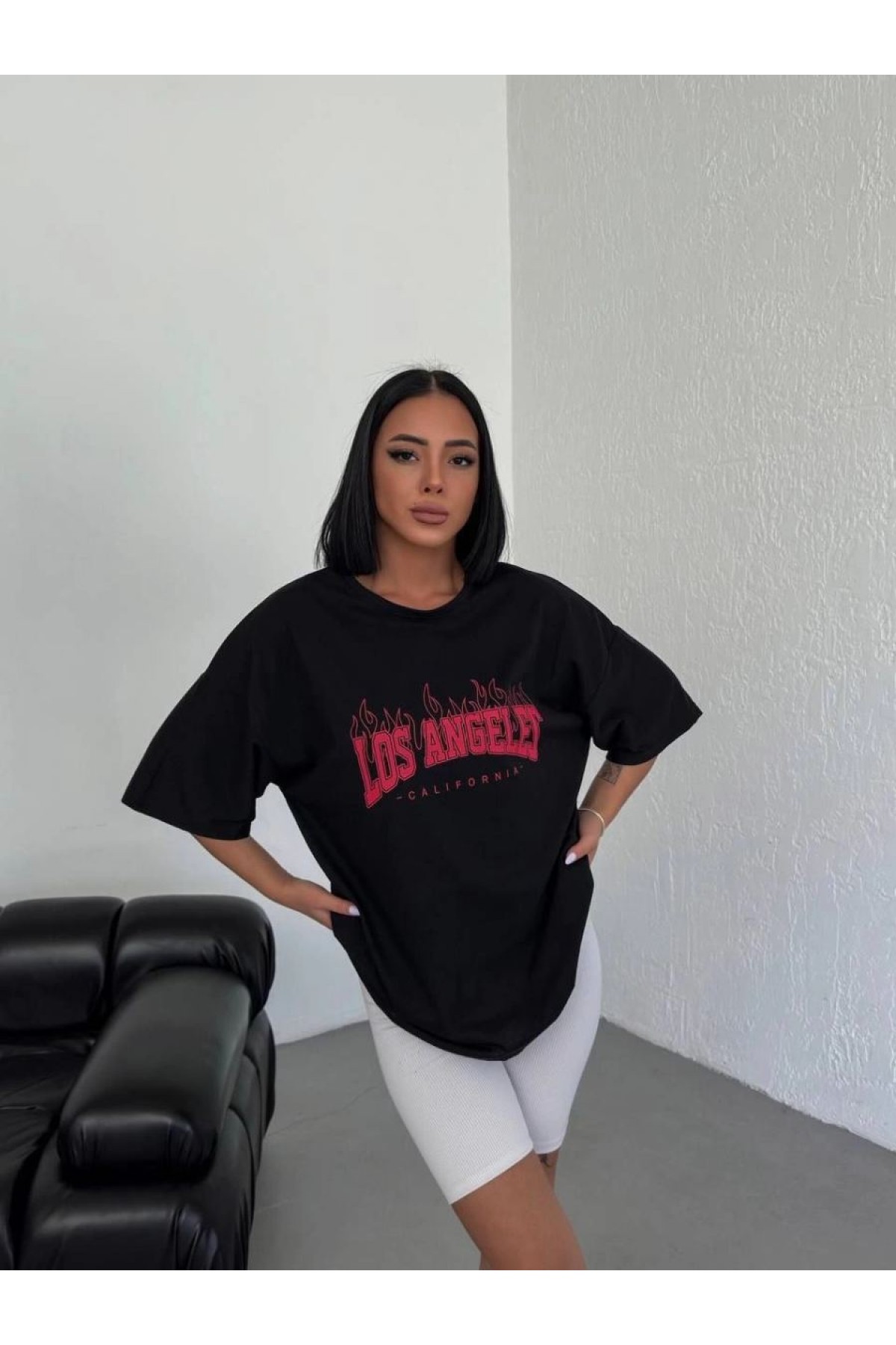 Kadın Kısa Kol Yazlık Tişört Bisiklet Yaka Los Angeles Baskılı T-Shirt - Siyah