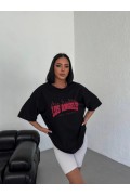Kadın Kısa Kol Yazlık Tişört Bisiklet Yaka Los Angeles Baskılı T-Shirt - Siyah