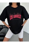Kadın Kısa Kol Yazlık Tişört Bisiklet Yaka Los Angeles Baskılı T-Shirt - Siyah