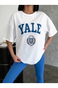 Kadın Kısa Kol Yazlık Tişört Bisiklet Yaka YALE Baskılı T-Shirt - Beyaz