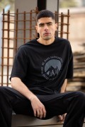 Erkek Baskılı T-Shirt Kısa Kol Bisiklet Yaka Regular Fit Rahat Kalıp Günlük Tişört - Siyah