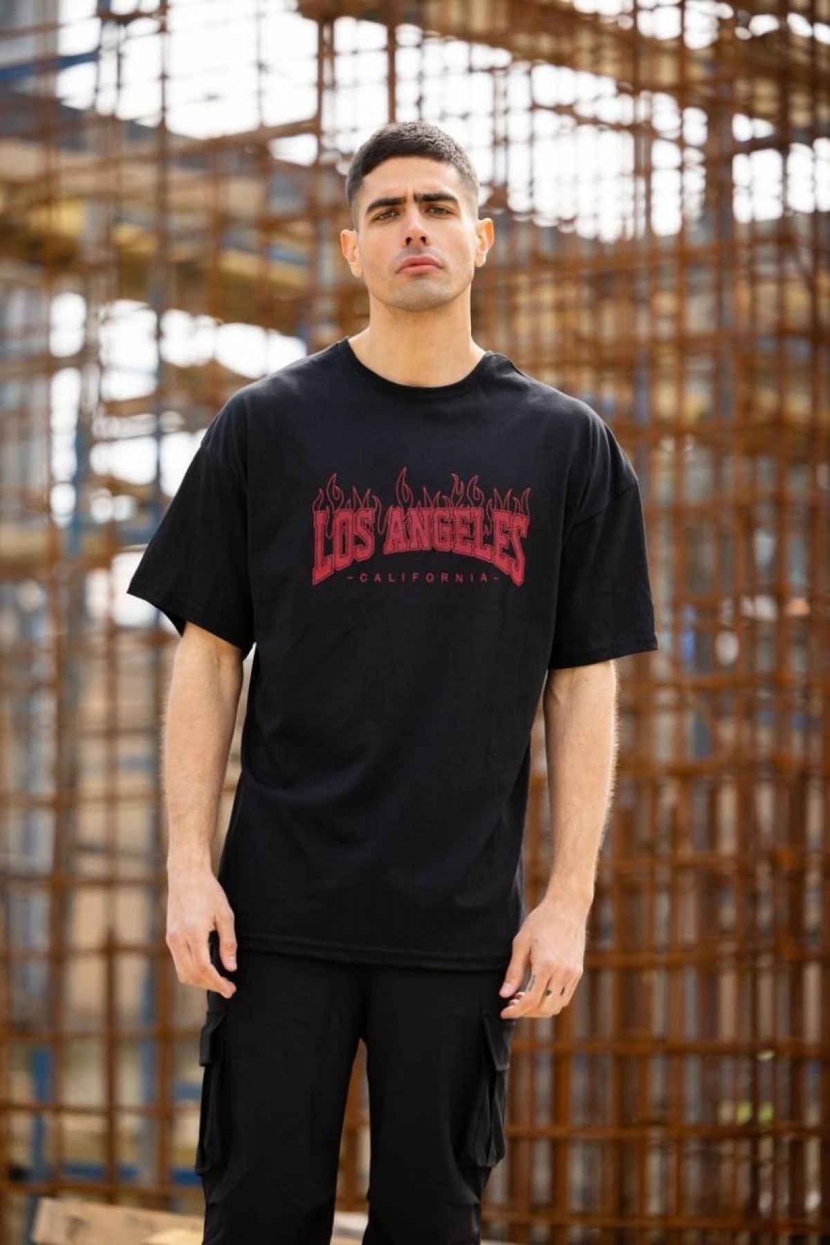 Erkek Kısa Kol Tişört Bisiklet Yaka LOS ANGELES  Baskılı T-Shirt - Siyah