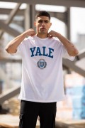 Erkek Kısa Kol Yazlık Tişört Bisiklet Yaka YALE Baskılı  T-Shirt - Beyaz