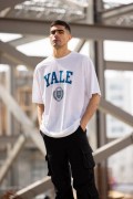 Erkek Kısa Kol Yazlık Tişört Bisiklet Yaka YALE Baskılı  T-Shirt - Beyaz