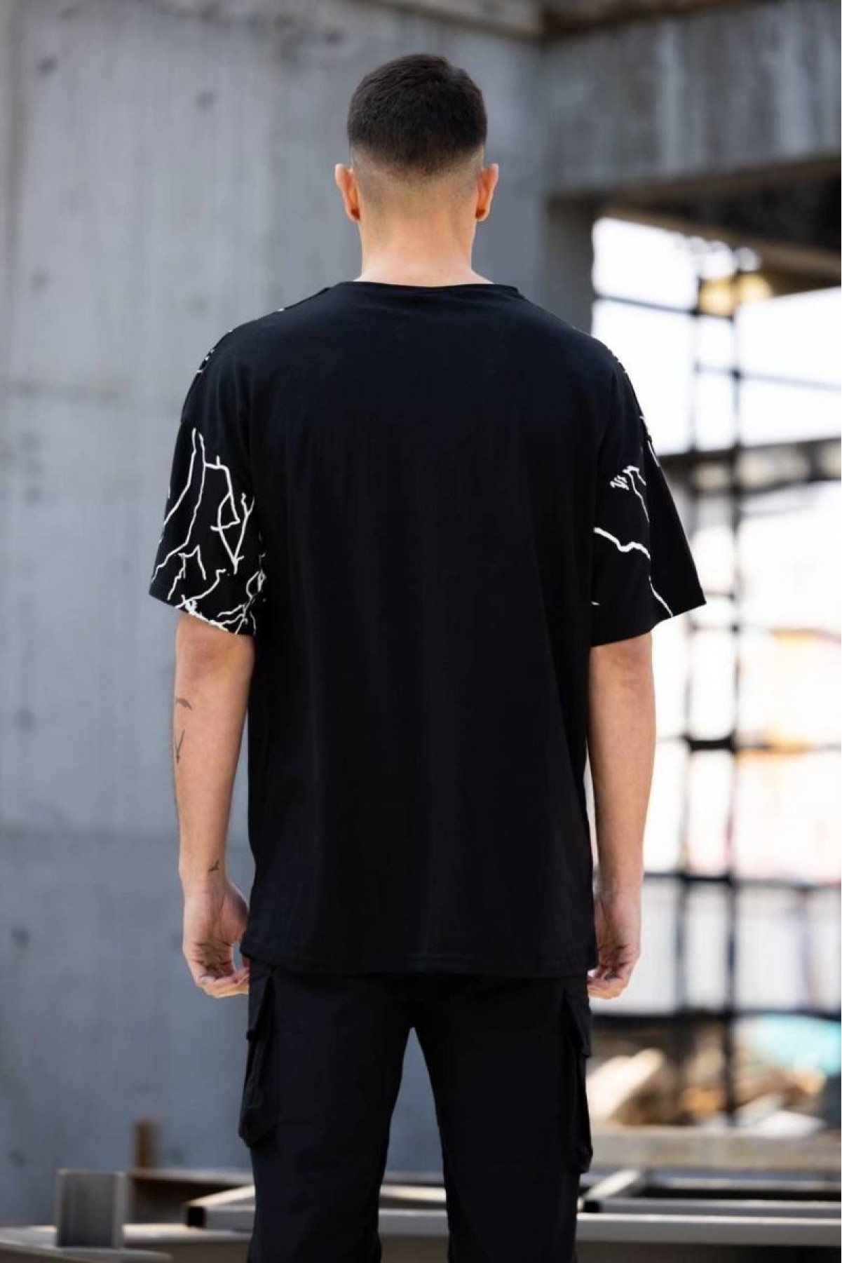Erkek Yıldırım şimşek Baskılı T-Shirt Kısa Kol Bisiklet Yaka Tişört - Siyah