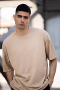 Erkek Düz T-Shirt Kısa Kol Bisiklet Yaka Regular Fit Rahat Kalıp Günlük Tişört - Bej