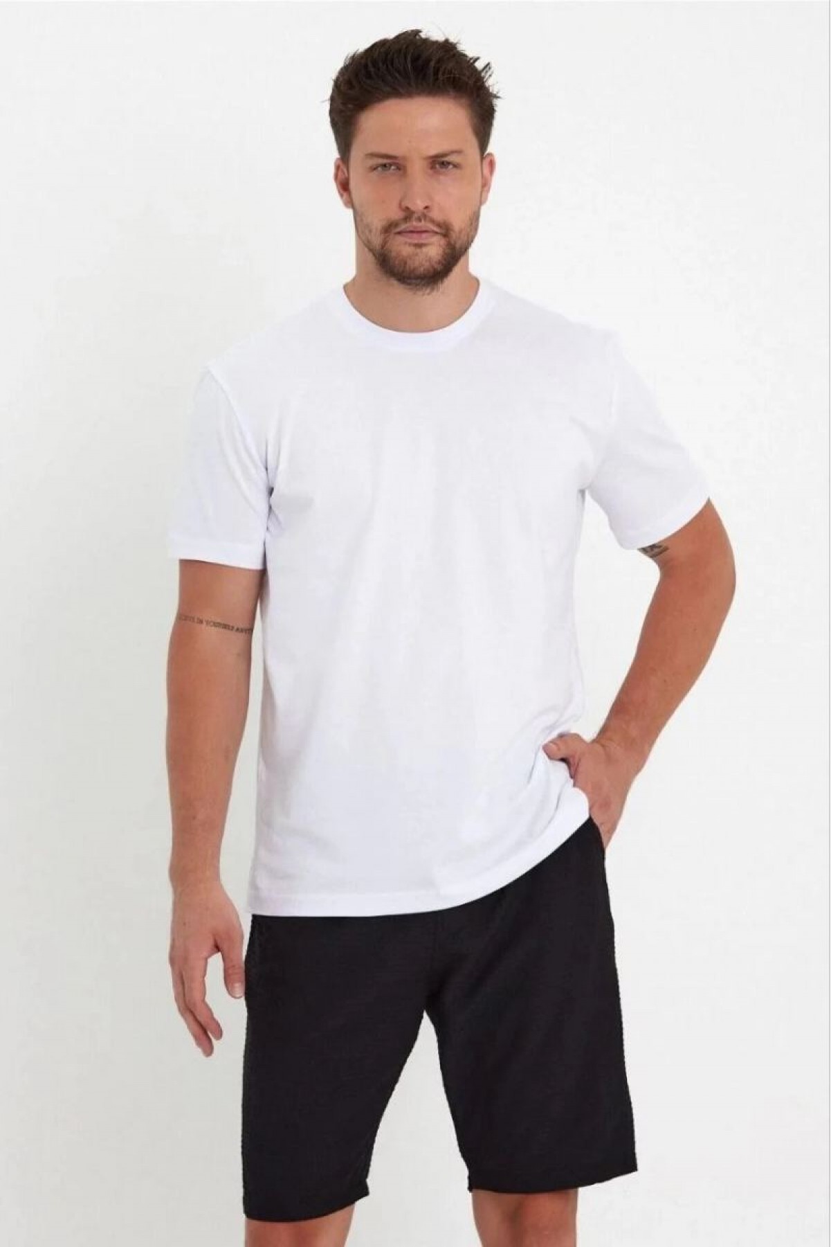 Erkek Düz T-Shirt Kısa Kol Bisiklet Yaka Regular Fit Rahat Kalıp Günlük Tişört - Beyaz