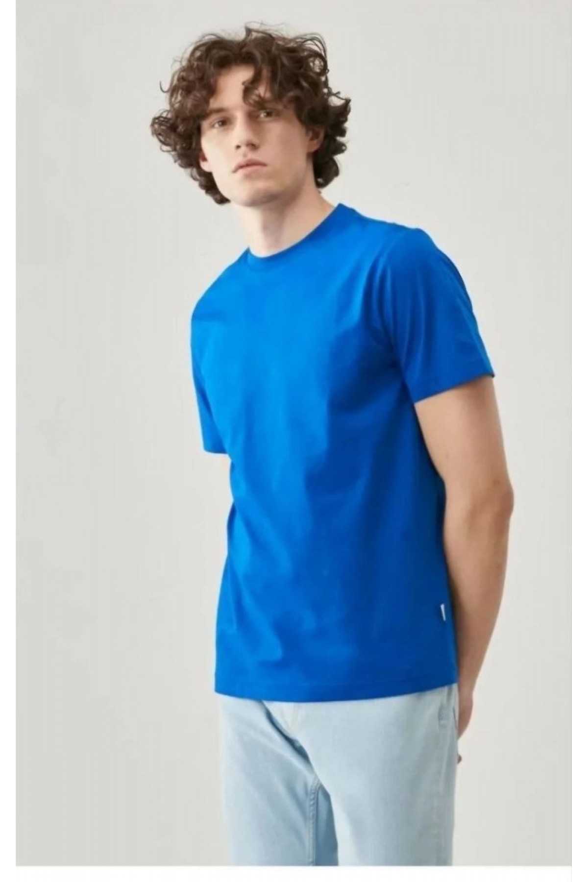 ERKEK Tişört Kısa Kol Düz Bisikilet Yaka Oversize T-shirt - Mavi