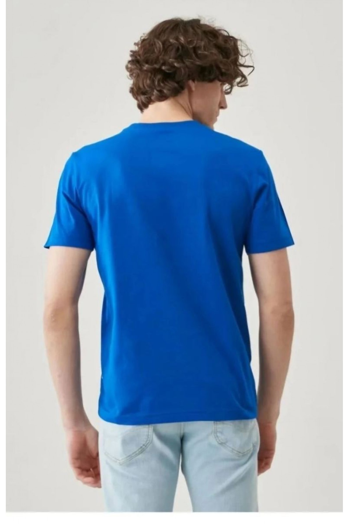ERKEK Tişört Kısa Kol Düz Bisikilet Yaka Oversize T-shirt - Mavi