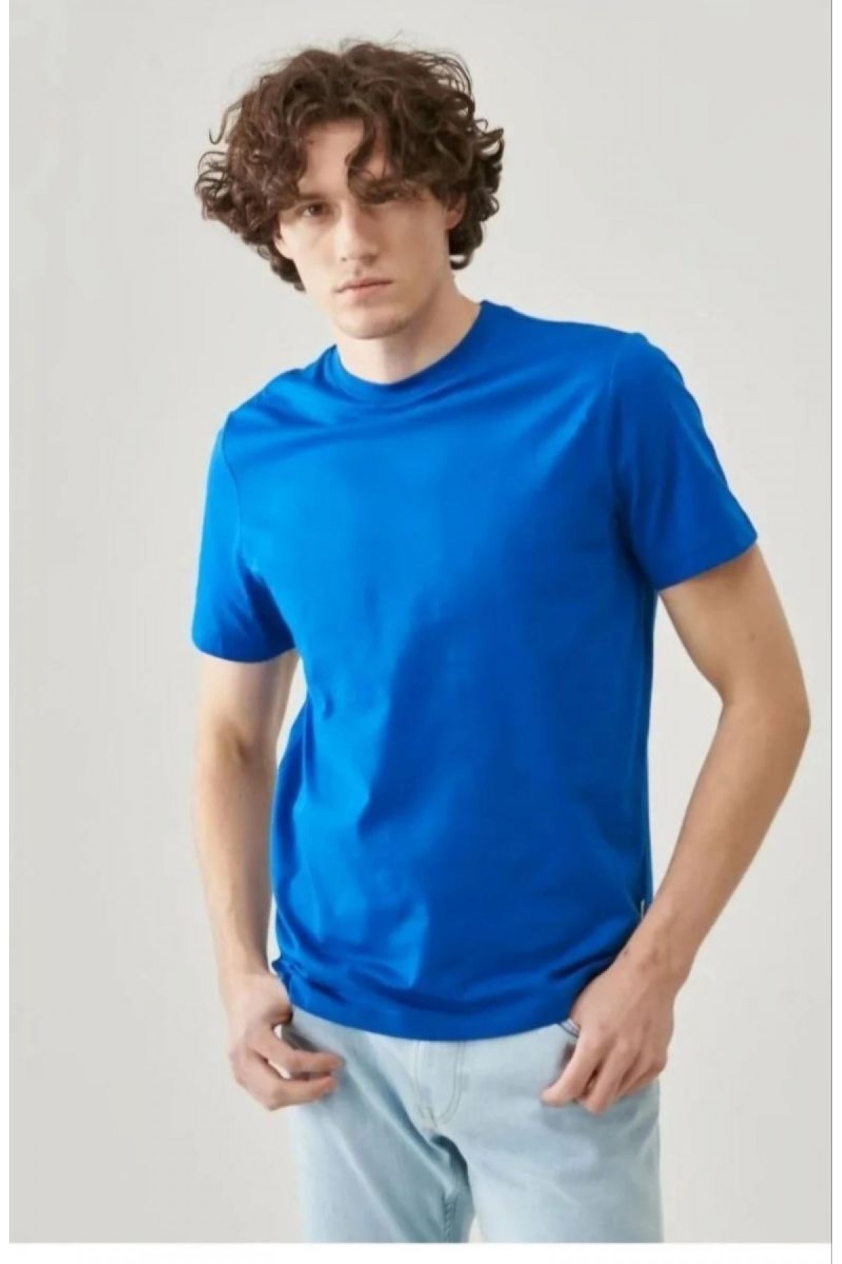 ERKEK Tişört Kısa Kol Düz Bisikilet Yaka Oversize T-shirt - Mavi