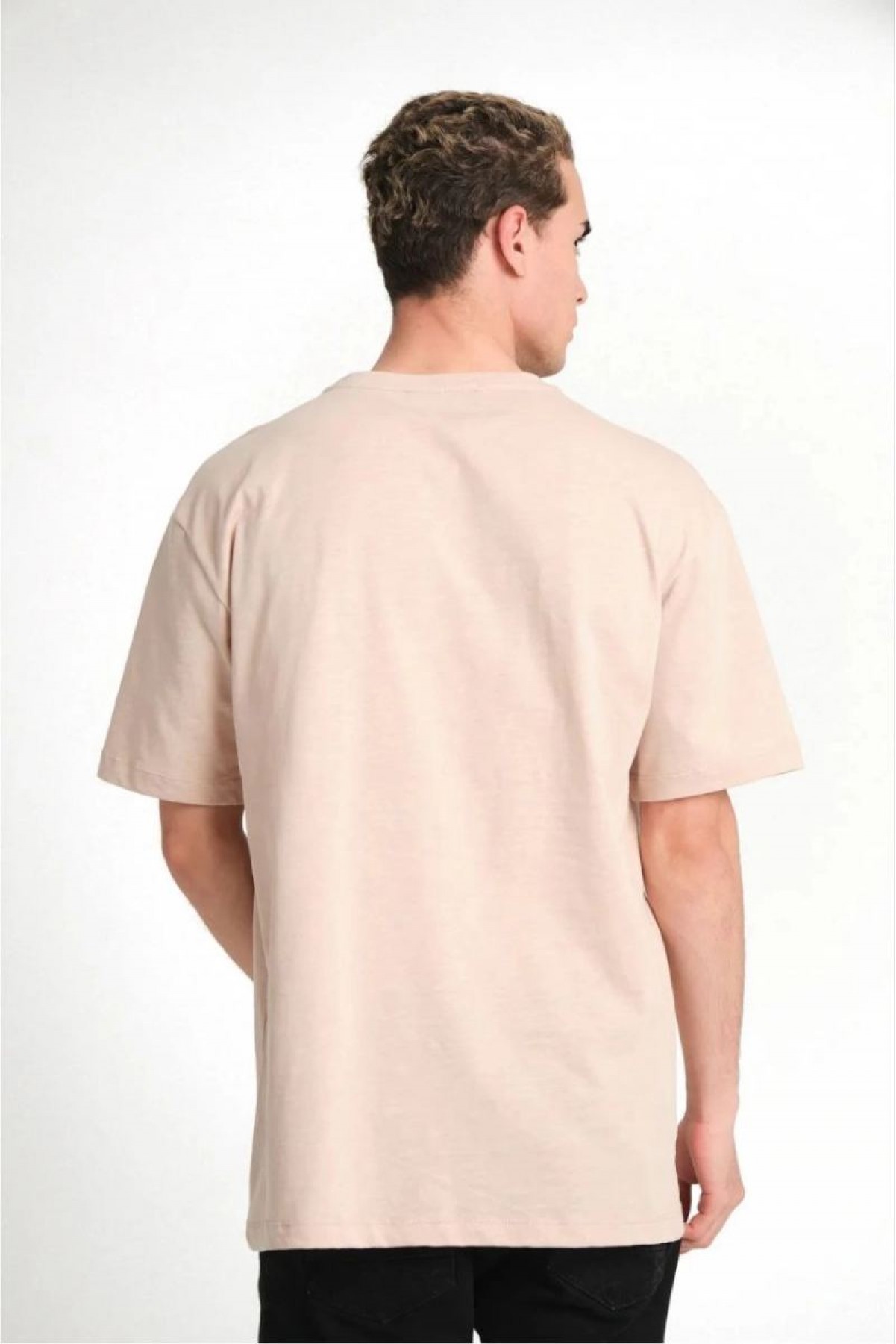 ERKEK Düz Tişört Bisikilet Yaka Kısa Kol Oversize T-shirt - Bej