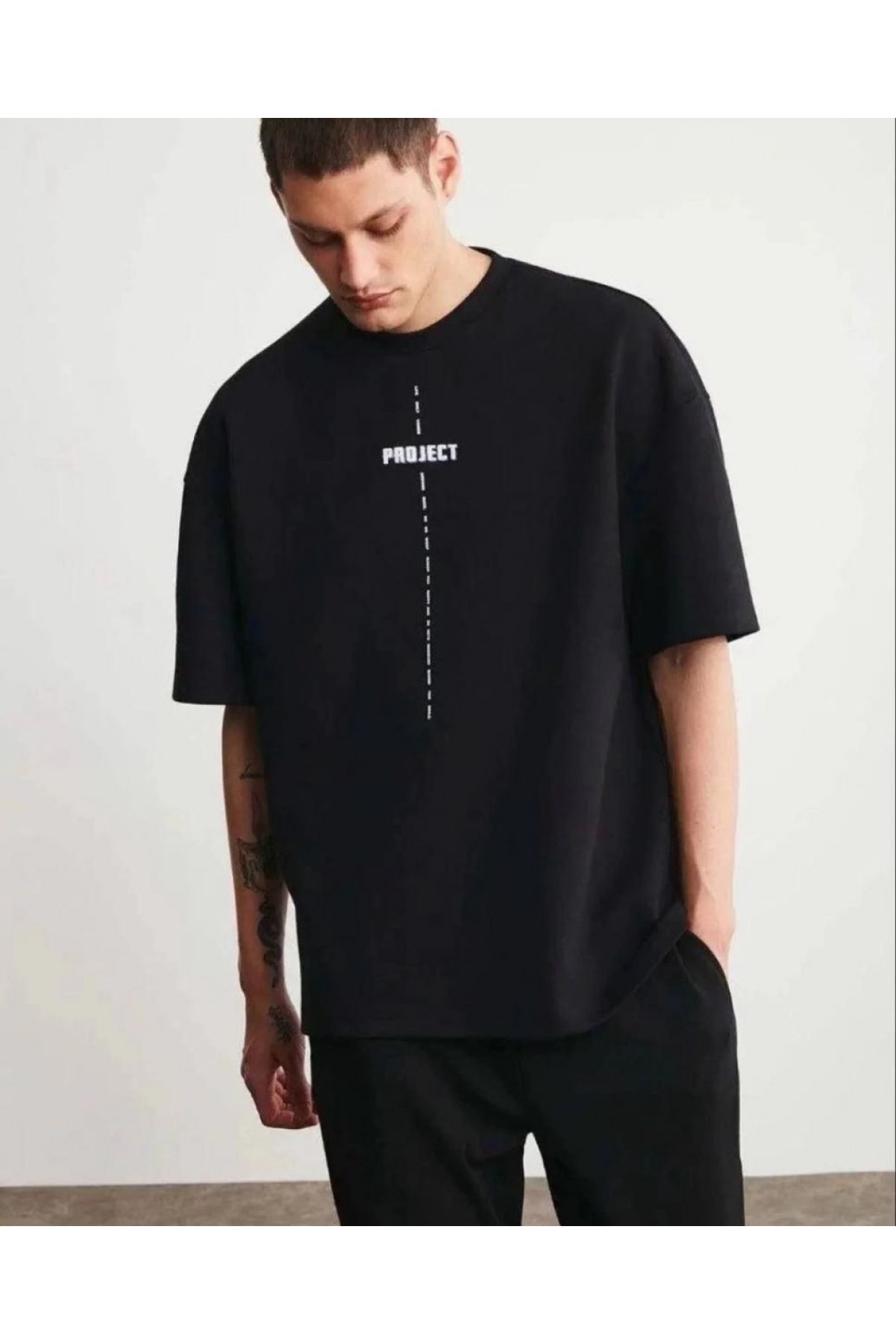 Erkek Kısa Kol Yazlık Tişört Bisiklet Yaka Baskılı Oversize T-Shirt - Siyah