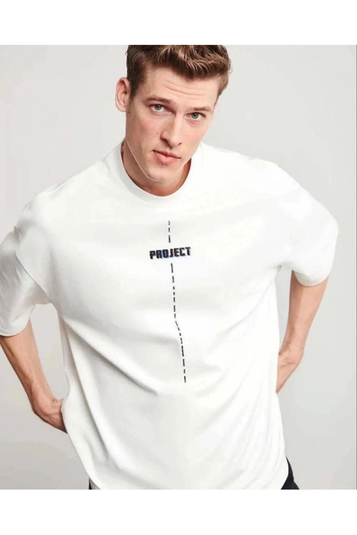 Erkek Kısa Kol Yazlık Tişört Bisiklet Yaka Baskılı Oversize T-Shirt - Beyaz