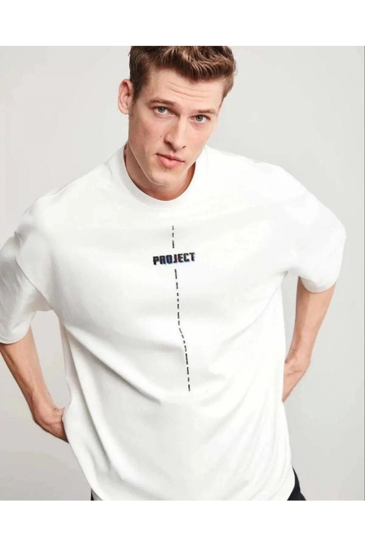 Erkek Kısa Kol Yazlık Tişört Bisiklet Yaka Baskılı Oversize T-Shirt - Beyaz