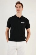 Erkek Polo Yaka Tişört Düğmeli Pike Baskılı T-Shirt - Siyah
