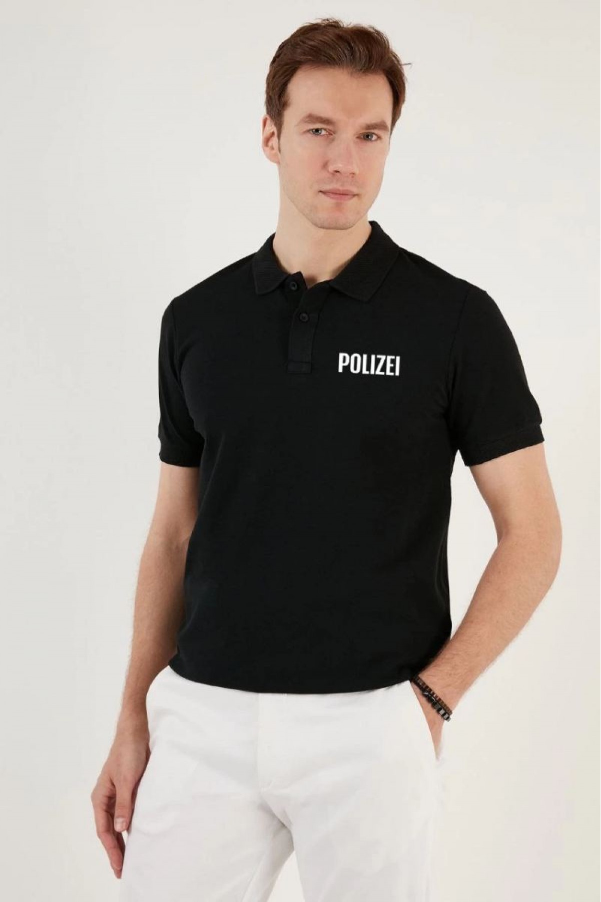 Erkek Polo Yaka Tişört Düğmeli Pike Baskılı T-Shirt - Siyah