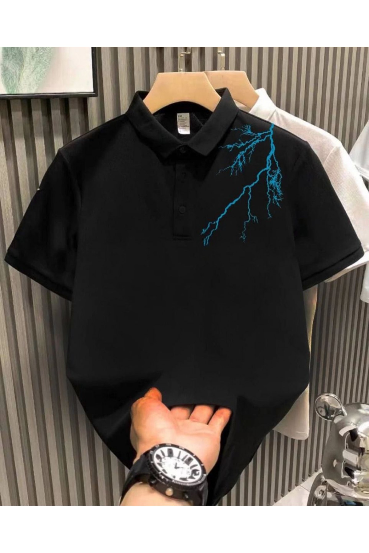 Erkek Polo Yaka Tişört Düğmeli Yıldırım Baskılı Pike T-Shirt - Siyah