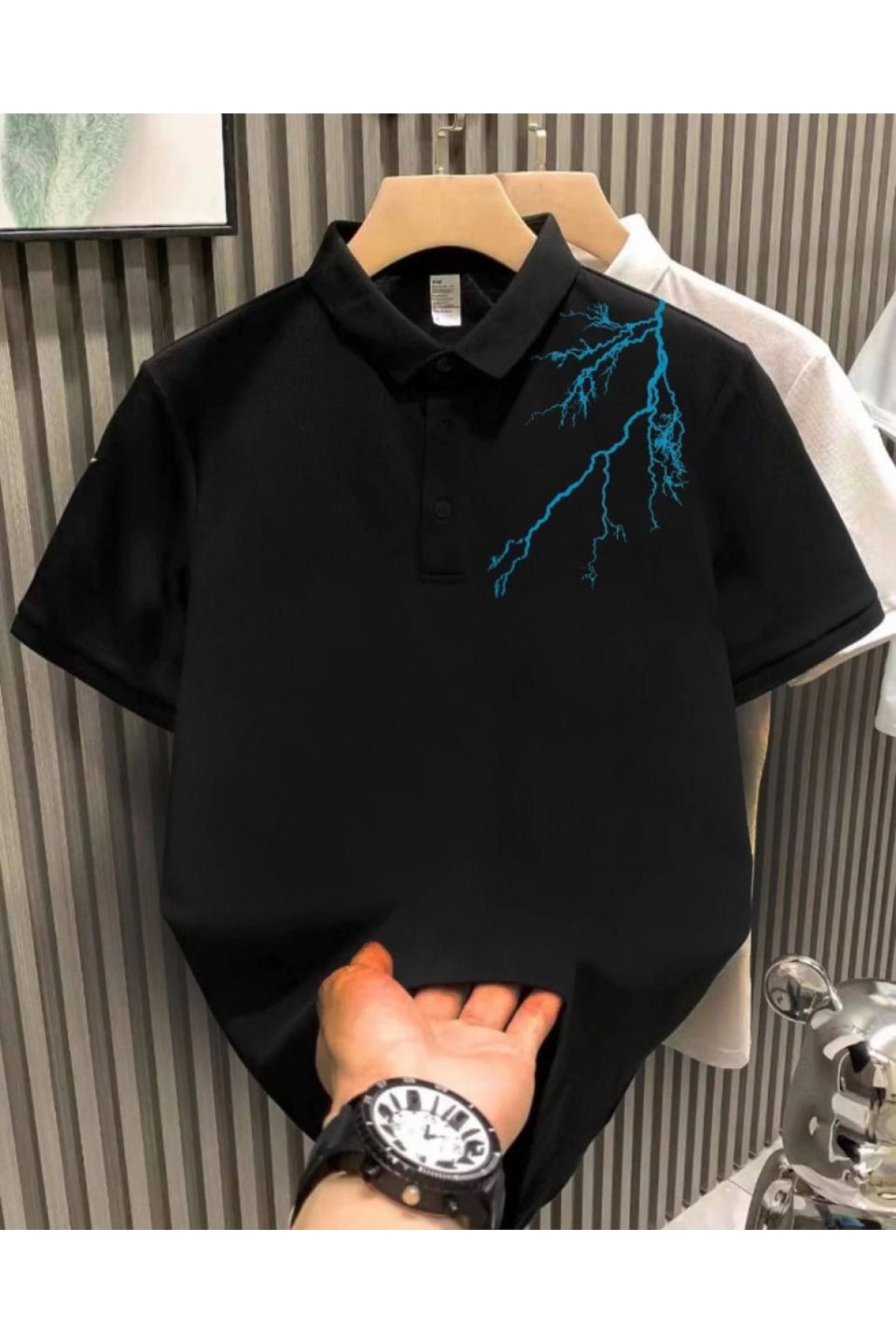 Erkek Polo Yaka Tişört Düğmeli Yıldırım Baskılı Pike T-Shirt - Siyah