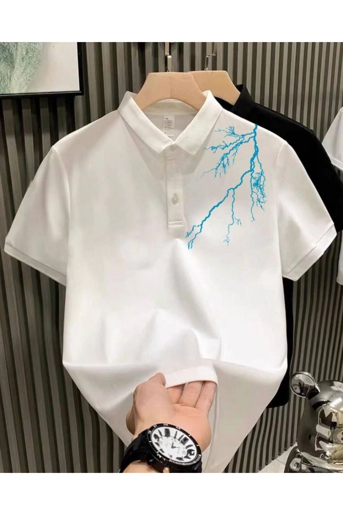 ERKEK Polo Yaka Tişört Düğmeli Pike Yıldırım Baskılı T-Shirt - Beyaz