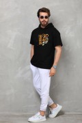 Erkek Kapüşonlu Kısa Kol Oversize Baskılı T-Shirt - Siyah