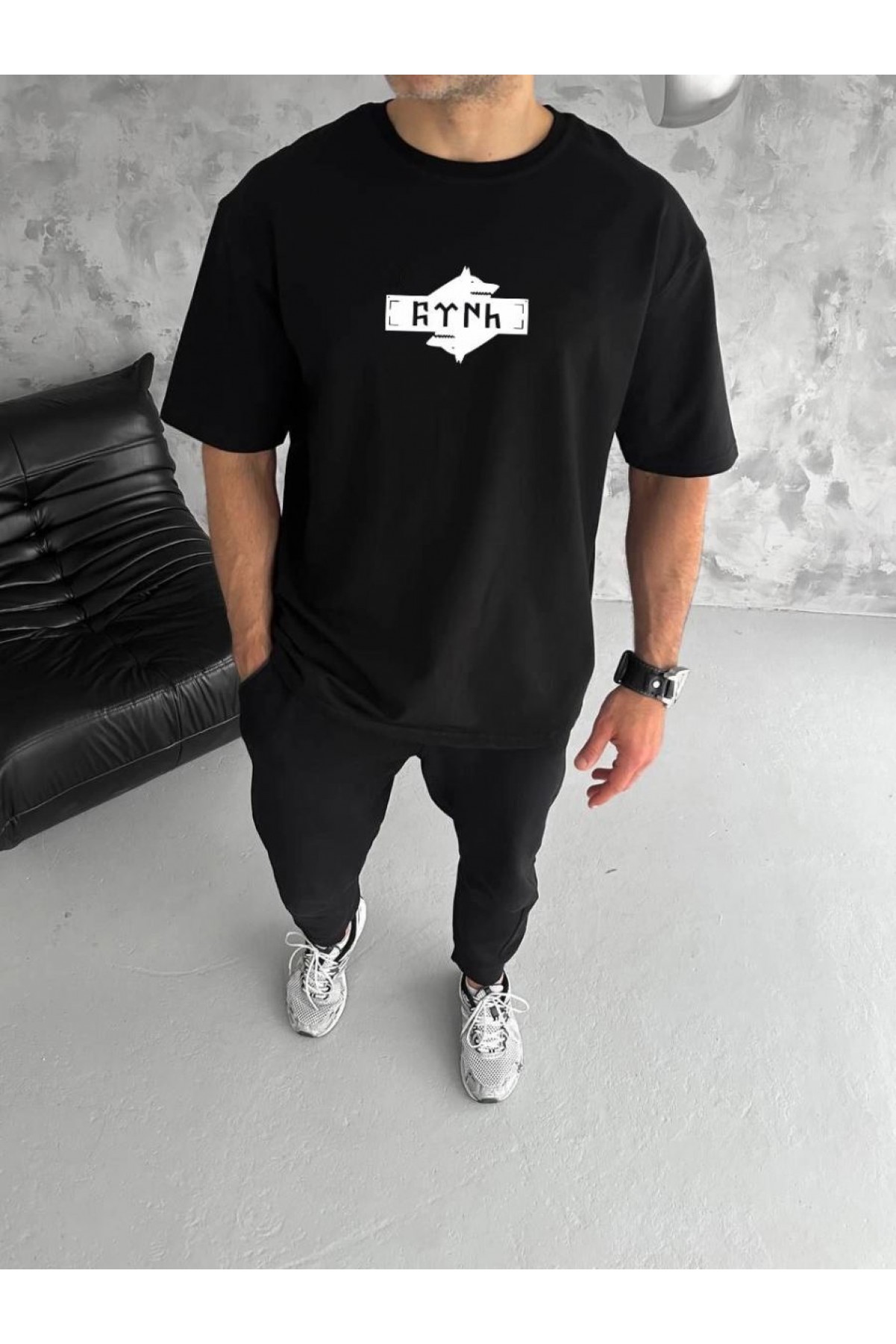 Erkek Kısa Kol Yazlık Tişört Bisiklet Yaka Baskılı Oversize T-Shirt - Siyah