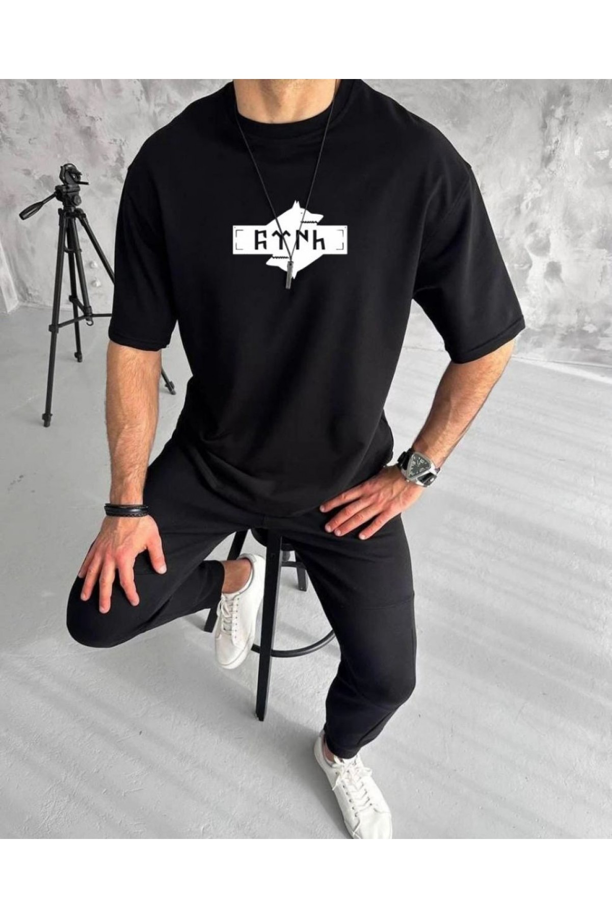 Erkek Kısa Kol Yazlık Tişört Bisiklet Yaka Baskılı Oversize T-Shirt - Siyah