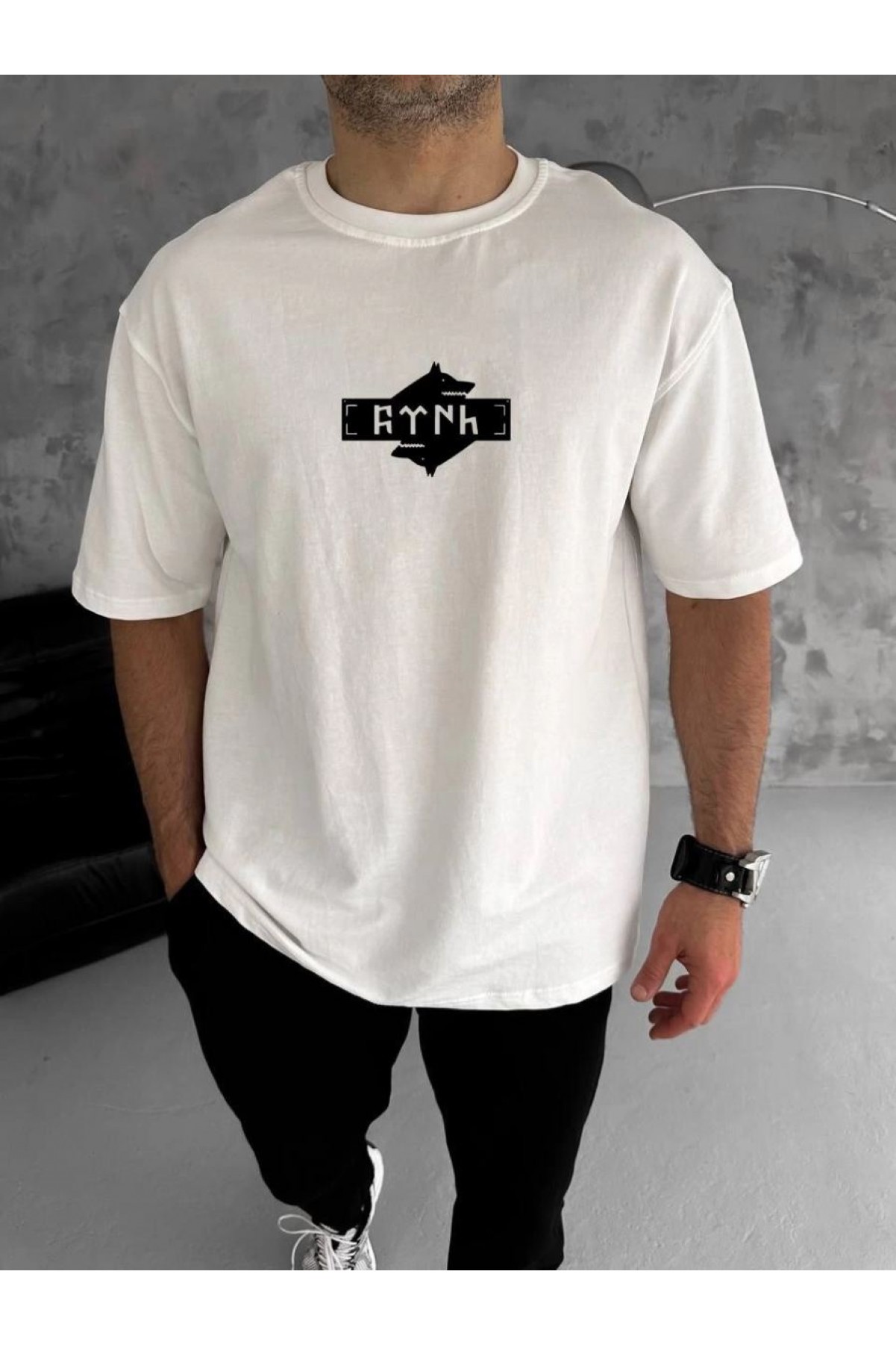 Erkek Kısa Kol Yazlık Tişört Bisiklet Yaka Baskılı Oversize T-Shirt - Beyaz