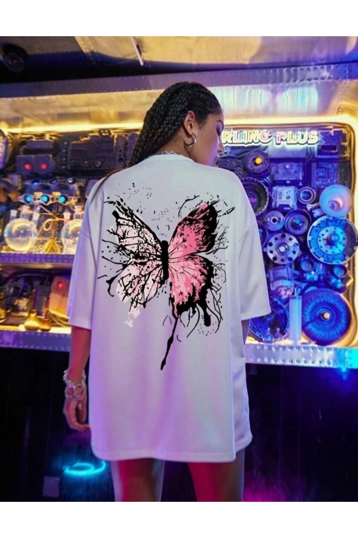 Kadın Kısa Kol Yazlık Tişört Bisiklet Yaka Kelebek Baskılı T-Shirt - Beyaz