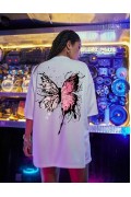 Kadın Kısa Kol Yazlık Tişört Bisiklet Yaka Kelebek Baskılı T-Shirt - Beyaz