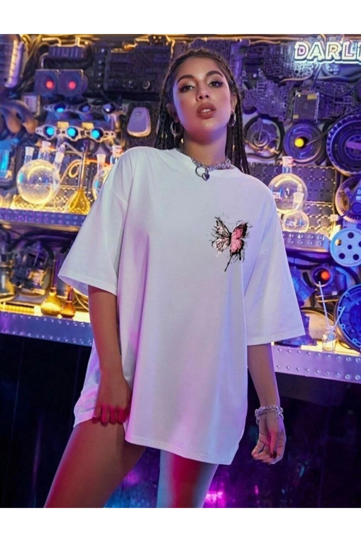 Kadın Kısa Kol Yazlık Tişört Bisiklet Yaka Kelebek Baskılı T-Shirt - Beyaz
