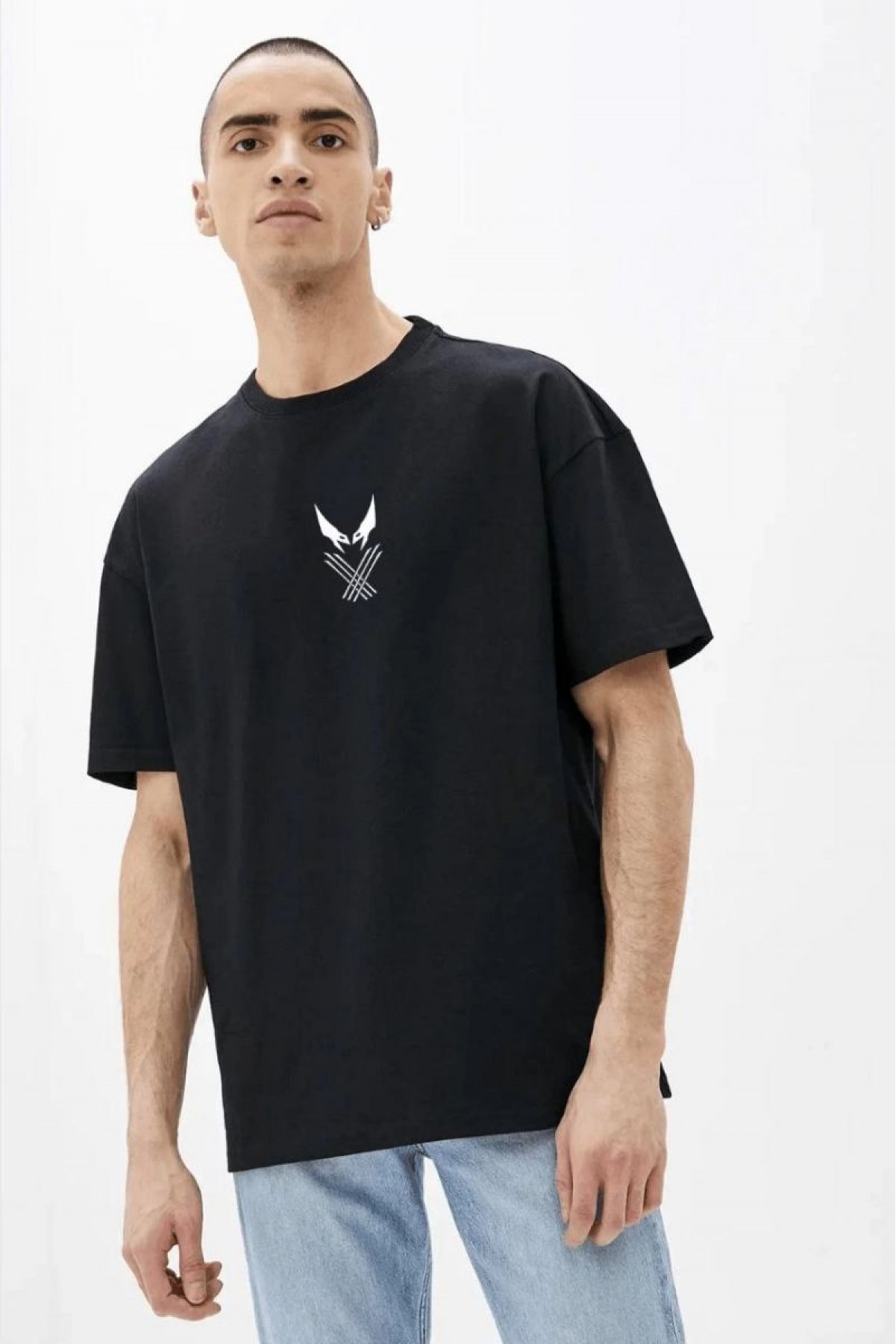 Erkek Baskılı T-Shirt Kısa Kol Bisiklet Yaka Rahat Kalıp Tişört - Siyah