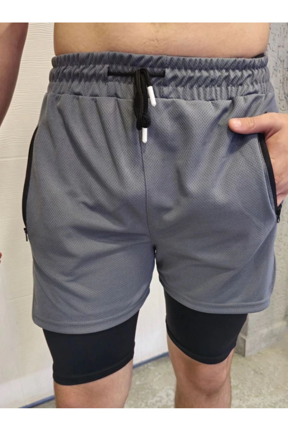 Erkek İç Cepli Sporcu Alt Taytlı Şort - GRİ