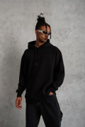 Erkek 3 İplik Pamuklu Kapüşonlu Cepli Düz Oversize Hoodie Sweatshirt - Siyah