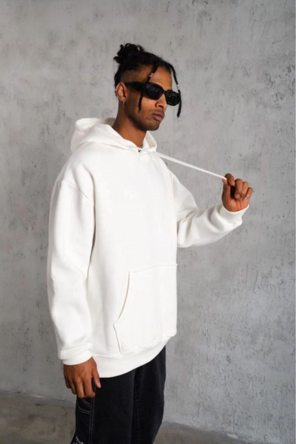 Erkek 3 İplik Pamuklu Kapüşonlu Cepli Düz Oversize Hoodie Sweatshirt - Beyaz