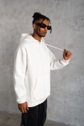 Erkek 3 İplik Pamuklu Kapüşonlu Cepli Düz Oversize Hoodie Sweatshirt - Beyaz